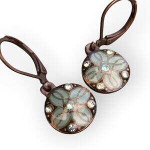 Brass tone and aqua enamel medallion french hook earrings, rhinestone accent